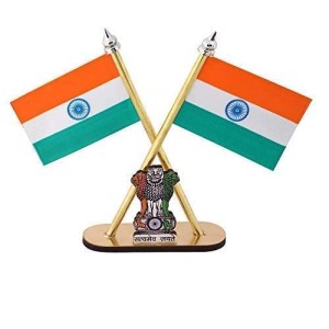 Voila Car Dashboard Indian Flag Cross Design Stand Satyamev Jayate Symbol Stand for Car Standard